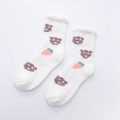 Fluffy white coral fleece crew socks with cute brown bear and strawberry patterns - One Size / White Bear
