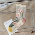 Chaussettes transparentes tulipes avec fleurs roses et talons-pointes jaune et rose - Taille unique / Grande Fleur Rose