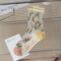 Chaussettes en résille transparente avec broderie tulipe rose et détails en coton crème - Taille unique / Petites Fleurs Partout