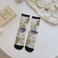 Sheer mesh crew socks with lily flower embroidery and black contrast trim detail - One Size / Black