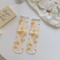 Floral crew socks in cream and yellow semi-sheer fabric with elegant flower patterns - One Size / White