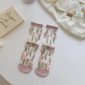 Sheer white mesh crew socks with pink floral pattern and reinforced pink toe and heel - One Size / Pink