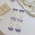 Sheer mesh socks with white floral lace embroidery and purple ribbed cuffs for women - One Size / Purple