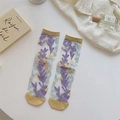 Transparante mesh sokken met lavendel borduursels en gele details voor dames - Eén maat / Geel