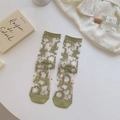 Transparante mesh sokken met groene ranken en roze geborduurde bloemen in landelijke stijl - Eén maat / Groen