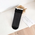 Elegant black cotton crew socks for women featuring ruffled edges and lace hollow texture - One Size / Black Leaf Flower