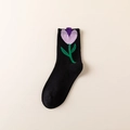 Casual black cotton crew socks featuring a vibrant purple tulip floral embroidery design - One Size / Black With Purple Flowers