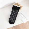 Women's black mesh crew socks with silver bow patterns and ruffled lettuce edge trim - One Size / Black Four-leaf Clover