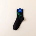 Casual zwarte katoenen sokken met 3D blauwe bloemborduursels voor dames mode - Eén maat / Zwart Met Blauwe Bloemen