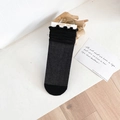 Women's black crew socks with elegant ruffled edges and fine ribbed cotton texture - One Size / Black Diagonal Slash