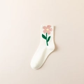 Cream-colored cotton crew sock featuring cute pink 3D flower and green leaves pattern - One Size / White Pink Flower