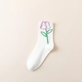 Witte casual katoenen sokken met paars tulpenmotief en geribbelde manchetten - Eén maat / Wit Paarse Bloemen