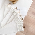 Five pairs of white cotton JK socks with frilly edges and assorted floral lace patterns - One Size / White Mixed