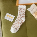 Thick coral fleece socks in white with brown leopard print pattern for home - One Size / White Khaki Leopard
