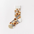 Japanese style mesh crew socks with sunflower patterns and brown contrast toe details - One Size / White Cuff Sunflower