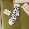 Plush coral fleece mid-calf socks with black leopard print pattern on white base - One Size / White with Black Leopard Print