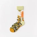 Damen-Socken aus transparentem Netzstoff mit Vintage-Blumenstickerei in Hellgrün - Einheitsgröße / Hellgelbe Manschette Sonnenblume