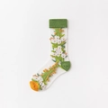 Japanische transparente Mesh-Socken mit Blumenmuster, grünem Rand und orangefarbener Spitze - Einheitsgröße / Grüne Manschette Narzisse
