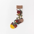 Japanese style sheer mesh floral mid-calf socks with red flowers and yellow toe contrast - One Size / Brown Cuff Sunflower