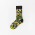 Schwarze transparente Socken im japanischen Stil mit bunter Blumenstickerei - Einheitsgröße / Schwarze Manschette Blumenvogel