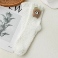 Thick white coral fleece socks featuring a cute brown bear patch with green ears - One Size (35-40) / Brown Bear