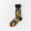 Transparente Mesh-Socken im japanischen Stil mit gelbem Vogel- und Blattmuster - Einheitsgröße / Schwarze Manschette Kranich