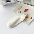 Elegantes calcetines cortos de algodón blanco crema con perlas y ribete de encaje fino - Talla única / Blanco