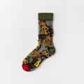 Durschsichtige graue Netzsocken mit gelber Katzenstickerei und grünem Rippstrickbündchen - Einheitsgröße / Grüne Manschette Fuchskatze
