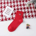 Festive red crew socks for women featuring a cute brown bear embroidery and ribbed cuffs - One Size / Bear Head