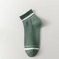 Men's dark green breathable cotton ankle socks with white and light green stripe accents - Dark Green Two-Stripe Style (zy2312)