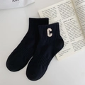 Women's black combed cotton crew socks with white embroidered letter C logo - One Size / Black (Letter C)