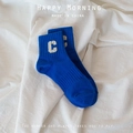 Klein blue cotton crew socks with white letter C embroidery in street style - One Size / Sapphire Blue