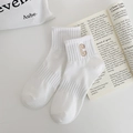 White combed cotton crew socks with ribbed texture and gold letter C embroidery - One Size / White (Letter C)