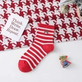 Red and white striped crew socks featuring brown bear embroidery in a festive setting - One Size / Striped Bear