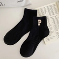 Black ribbed cotton crew socks featuring a white embroidered letter P detail - One Size / Black (Letter P)