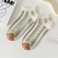 Bamboo fiber boat socks in cream and green stripes with breathable hollow mesh detail - One Size / Striped (23057)