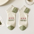 Bamboo fiber cream low-cut boat socks with green accents and cherry heart pattern - One Size / Cherry (23055)