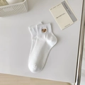 Cute white cotton ankle socks featuring small brown bear embroidery on the side - One Size / Bleached White
