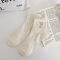Beige ribbed low cut cotton socks with brown embroidered P letter detail - One Size / Beige (Letter P)