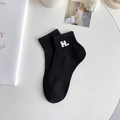 Classic black cotton ankle socks featuring white H letter embroidery detail for women - One Size / Black