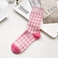 Pink argyle cotton crew socks featuring ribbed cuffs and reinforced heel for women - One Size / Pink Argyle