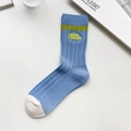Blue rib-knit cotton socks with green stripes and yellow Start Studio embroidery - One Size / Blue Embroidery