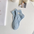 Light blue crew socks with embroidered H letter and ribbed cotton texture for daily wear - One Size / Light Blue