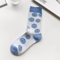 Blauw-witte halfhoge sokken met gebreide smiley-patronen en geribbelde boorden - Eén maat / Blauwe Smile Face