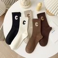 Lot de 5 paires de chaussettes en coton tons terre avec broderie C pour l'automne - Taille unique / Lettre C Brodée Couleurs Mixtes (GS22134)