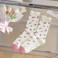 Creamy white mid-calf socks with pink floral pattern and delicate ruffled edges - One Size / Multi Small Floral