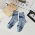 Blue-gray mid-calf cotton socks for men featuring navy blue wave stripes and fine knit - One Size / Blue