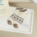 Bamboo fiber beige crew socks with brown cartoon bear pattern and striped details - One Size / Row of Bears (23055)