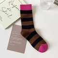 Deep brown and black striped crew socks for women with vibrant pink toe and cuff accents - One Size / Brown Stripes