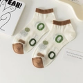 Bamboo fiber boat socks in beige and brown with green geometric patterns and mesh - One Size / Circle (23057)